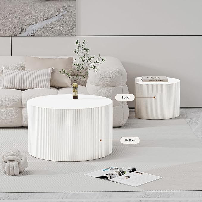 Nesting Coffee Table Set of 2 Wood Circle Drum Coffee Tables Set Contemporary Fluted Coffee Table Round Wooden Coffee Tables for Living Room & Small Space (Cream, 18.9 +14.9in)