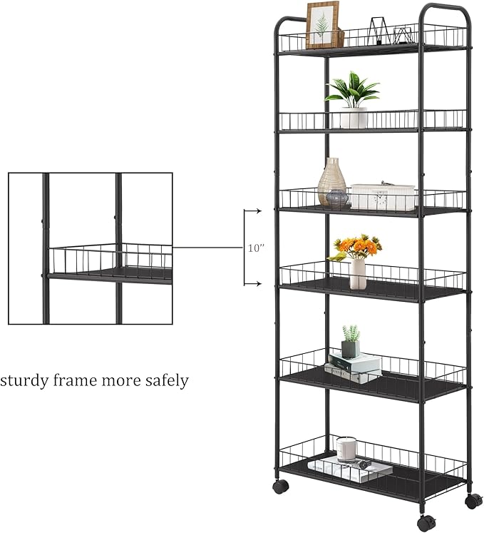 6-Tier Storage Cart Wire Slim Shelving Shelf with Wheels for Small Spaces, Rolling Tall Organizer Storage for Bathroom, Kitchen, Home, Garage, Bedroom, Closet (Black, 10“D)