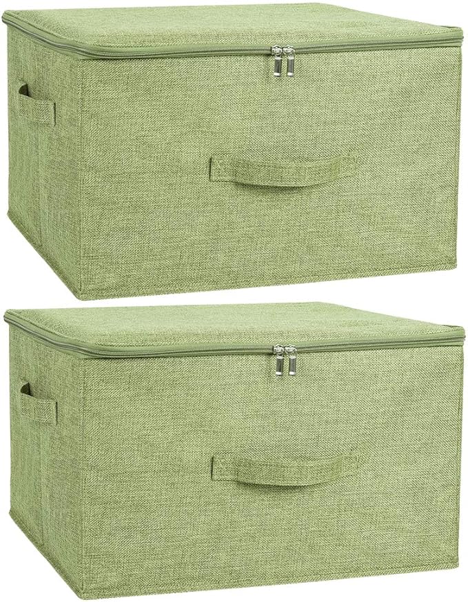 ANMINY 2PCS Storage Bins with Zipper Lids 51.9 Qt Lidded Fabric Storage Boxes Baskets Cubes with Handles Collapsible Washable Cotton Linen Closet Shelf Clothes Organizer - Green, Extra Large-NeatNest