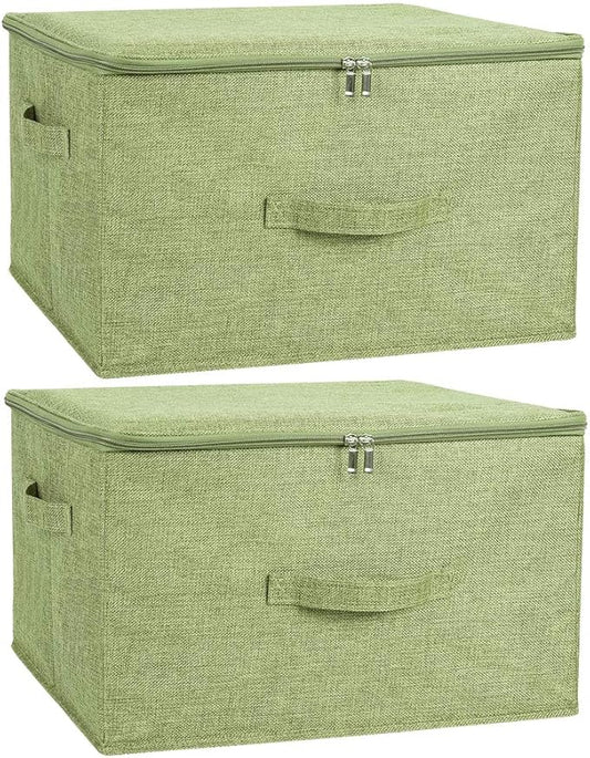 ANMINY 2PCS Storage Bins with Zipper Lids 51.9 Qt Lidded Fabric Storage Boxes Baskets Cubes with Handles Collapsible Washable Cotton Linen Closet Shelf Clothes Organizer - Green, Extra Large-NeatNest