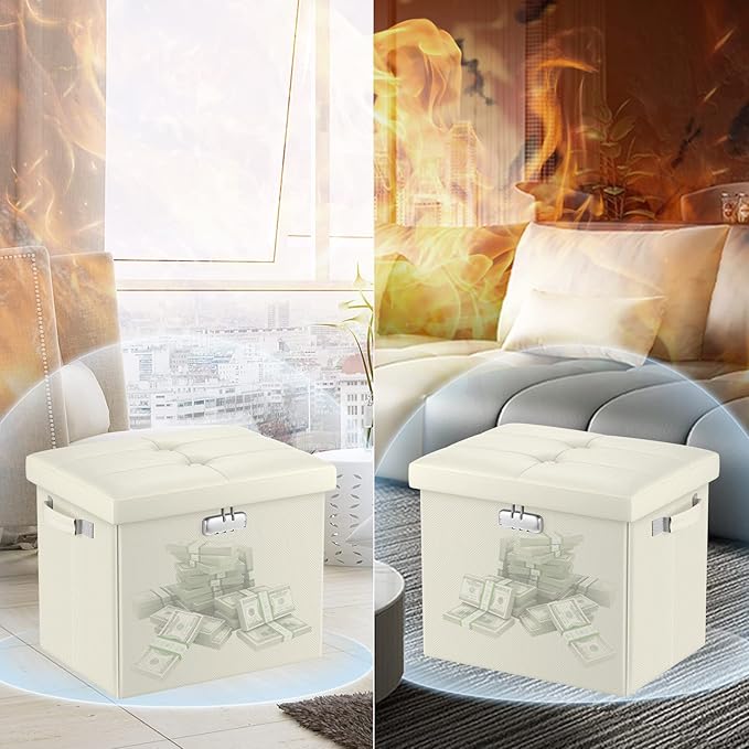 DocSafe Storage Ottoman with Lock,Fireproof＆Waterproof 17 Inches Folding Storage Box with Handles Safe for Important Documents,Leather Storage Ottoman Storage Chest for Living Room,Bedroom,Beige-NeatNest