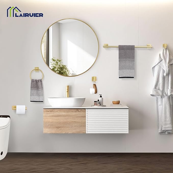 5 Pieces Bathroom Hardware Set Brushed Gold Towel Bar Set Includes 23.6” Towel Bar, Towel Ring Holder, Toilet Paper Holder and Two Towel Hooks, Bathroom Accessories Set SUS304 Wall Mounted