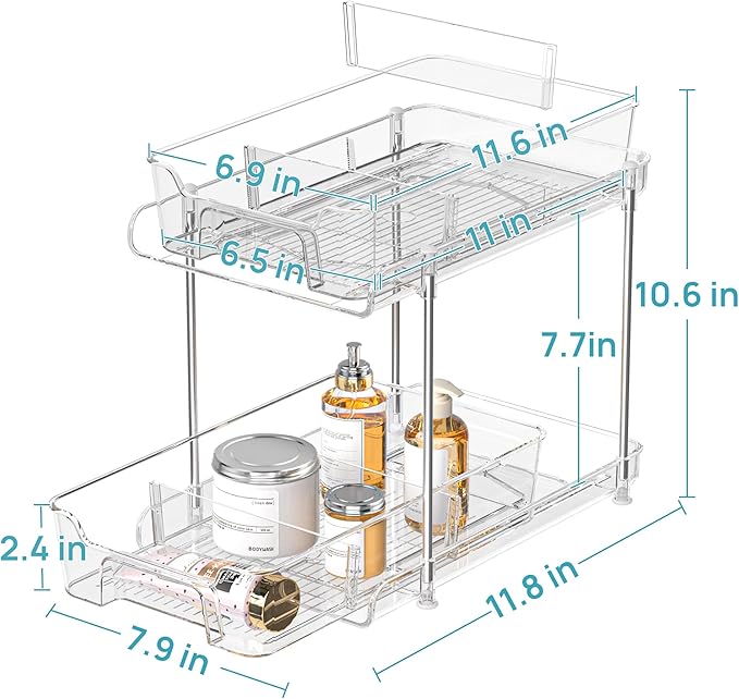 Vtopmart 4 Pack 2 Tier Bathroom Under Sink Organizers and Storage, Clear Kitchen Pantry Organization, Pull Out Medicine Cabinet Organizer with Movable Dividers-NeatNest