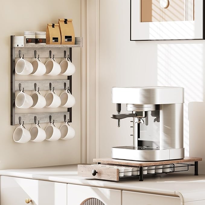 Coffee Mug Holder Stand, 3 Tier Mug Tree Rack, Hanging 12 Cups, with Top Shelf, for Kitchen, Dining Room, Living Room, Cafe, Greige and Black MH42BG-NeatNest