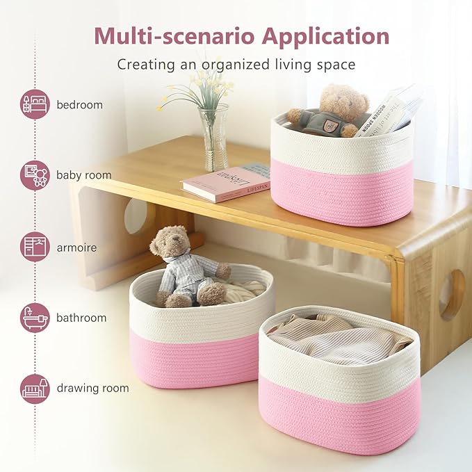 Cotton Rope Shelf Storage Basket, 15x10x9 in, Shelf Storage Baskets for Clothes, Toys, Towels, Books, Laundry (White/ Pink, 2 Pack)-NeatNest