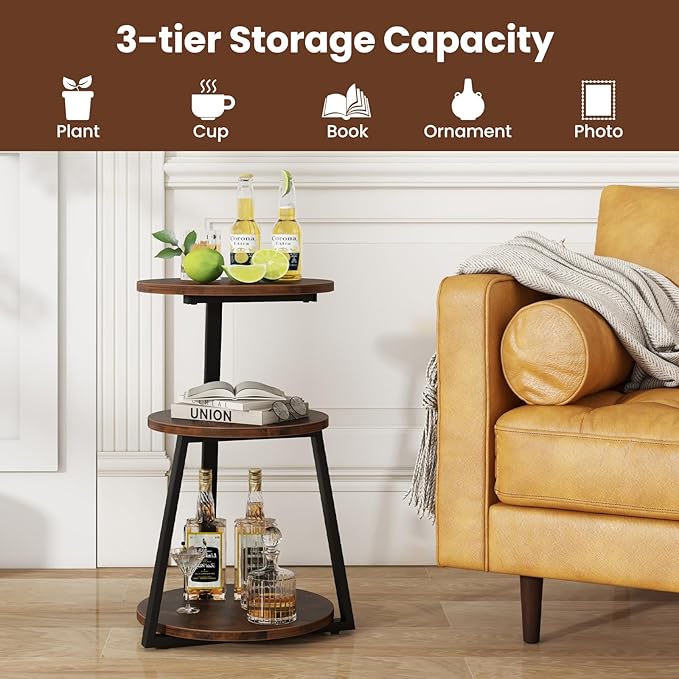 Giantex Round End Table, Industrial Side Table with Sturdy Metal Frame, Coffee Table, 3-Tier Bedside Table for Bedroom, Living Room, Couch, Accent Table for Small Spaces, Rustic Brown (1)
