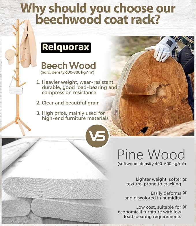 Beech Wood Coat Rack Stand with 9 Hooks, 3 Height Adjustable, simple Freestanding Solid Wooden Coat Tree Hanger for Clothes, Hats, Scarves, bags, Jackets, Bedroom, livingromm(Natural Wood)-NeatNest