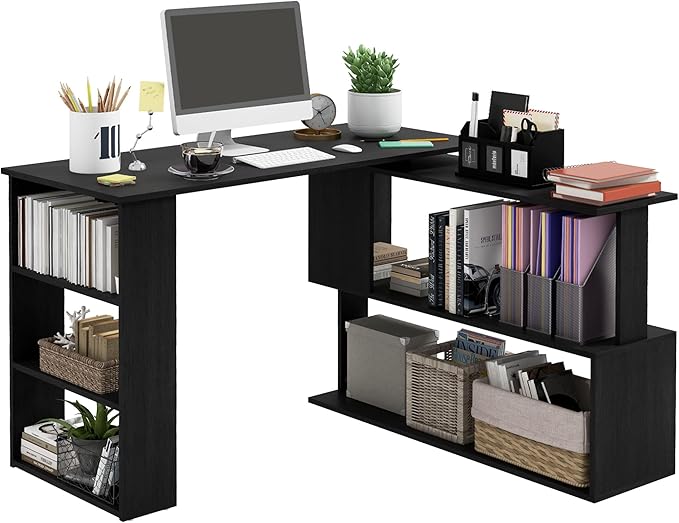 HOMCOM L Shaped Desk, Corner Computer Desk, 360 Degree Rotating Home Office Desk with Storage Shelves, Writing Table Workstation, Black-NeatNest