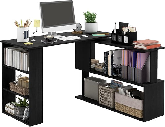 HOMCOM L Shaped Desk, Corner Computer Desk, 360 Degree Rotating Home Office Desk with Storage Shelves, Writing Table Workstation, Black-NeatNest