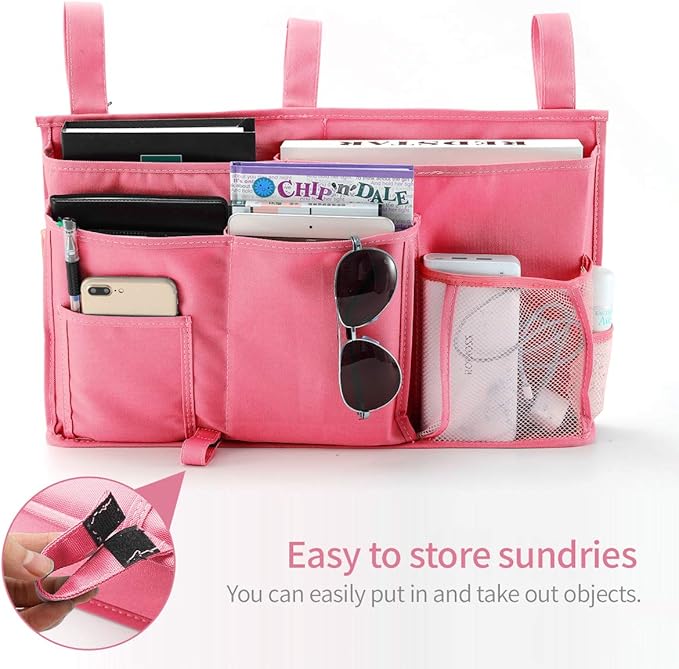 Bseash Bunk Bed Organizer, Bedside Caddy Hanging Bed Organizer Storage Bag 8 Pockets, for College Dorm Rooms Bed, Hospital Bed, Baby Bed Rails, 600D Oxford Cloth (Pink)-NeatNest