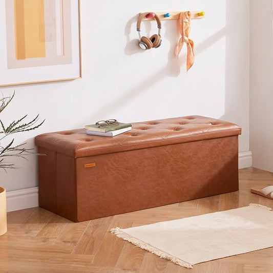 HAUSFRAU 43.5 Inches Ottoman with Storage Bench, Folding Ottoman Bench Foot Rest Stool, Bedroom Bench, Holds up to 660 lb, Faux Leather Retro Brown