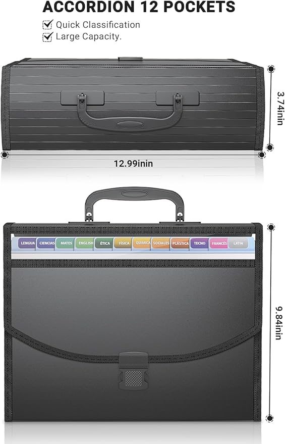 Accordion File Organizer,Portable Expanding File Folder with Handle,12 Pockets Accordion File Box,Visible Window for Quick Lookup,Colored Tabs,A4/Letter Size Documents Paper Bill Filing Organizer