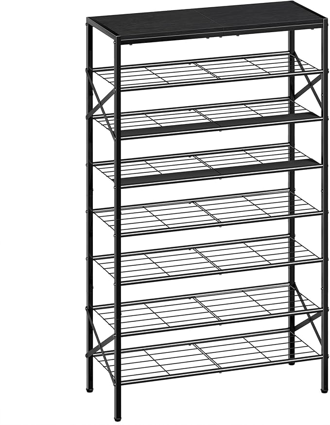8-Tier Tall Shoe Rack Organizer Shoe Storage for Entryway 24-32 Pairs Metal Shoe Rack for Closet Heavy-Duty Shoe Rack with Wooden Top Shelf for Garage Black-NeatNest