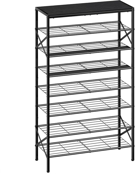 8-Tier Tall Shoe Rack Organizer Shoe Storage for Entryway 24-32 Pairs Metal Shoe Rack for Closet Heavy-Duty Shoe Rack with Wooden Top Shelf for Garage Black-NeatNest
