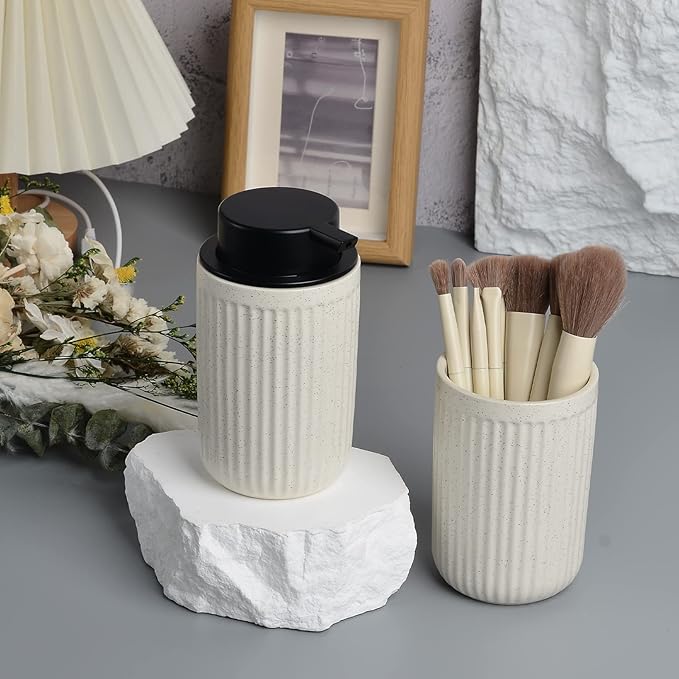 BosilunLife Foaming Soap Dispenser Set - Beige Ceramic Foam Hand Soap Dispenser 12ozwith Rust Proof Pump, Easy Pressing & Refillable, 4Pcs Clear Stickers for Kitchen, Bathroom - 2 Pack-NeatNest