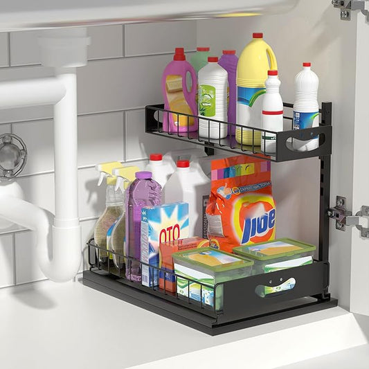 Under Sink Organizer with Pull-Out Drawers,Kitchen Sink Organizer,2 Tier Bathroom Organizers And Storage,Bathroom Accessories Set,Black 1 Pack-NeatNest