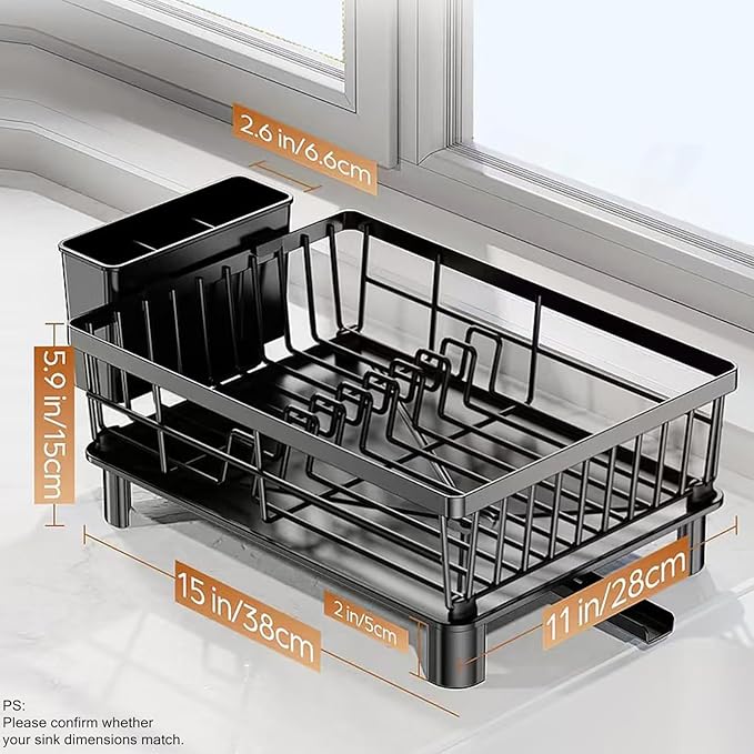 Small Dish Drying Rack, Space Saving Dish Racks for Kitchen Counter, Kitchen Organizer Dish Drainer with Cutlery Holder for Spoons and Forks, 11''W x 15''L, Black