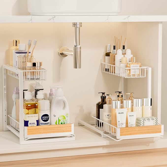 Delamu 2 Pack Under Sink Organizer and Storage, Height Adjustable Under Kitchen Sink Organizer, 2 Tier Pull Out Under Cabinet Organizer, White Under Counter Storage for Kitchen Bathroom-NeatNest