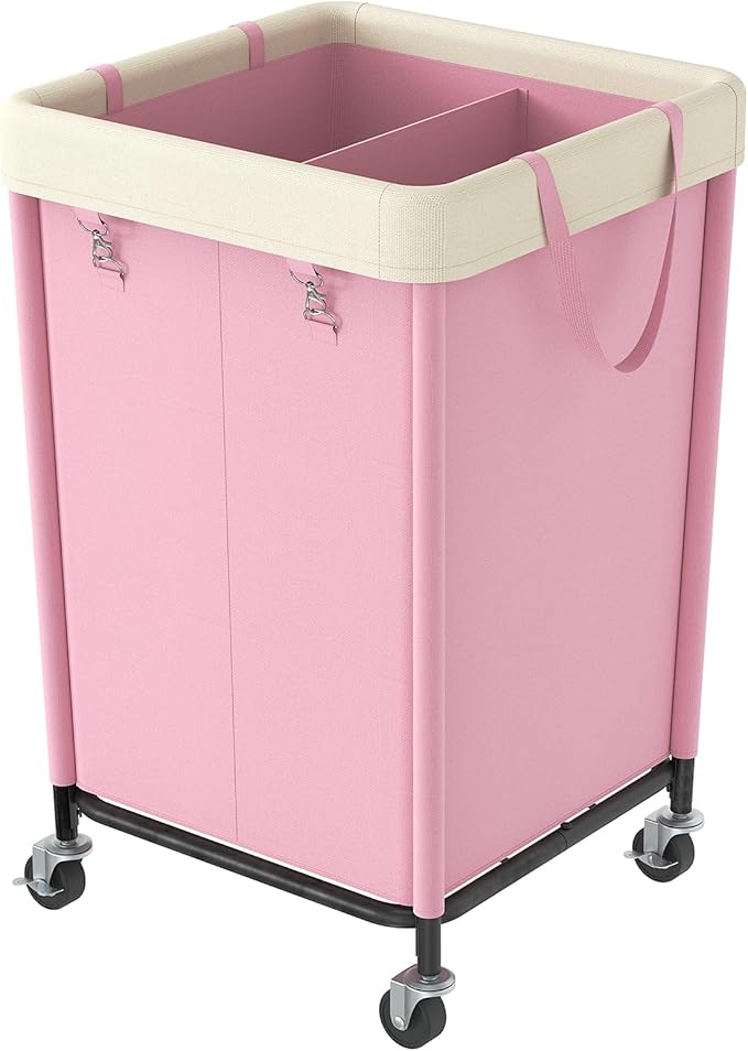 WOWLIVE 160L Rolling Laundry Hamper with Wheels, Heavy Duty Laundry Basket, Large Laundry Cart with Steel Frame and Removable Bag, Dirty Clothes Hamper for Home, Closet, Dorm, Bathroom, Pink