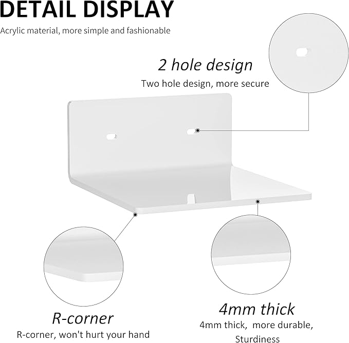 6 Inches Acrylic Small Wall Shelves 2 Pack, Floating Shelf for Wall Mounting, Acrylic Display Ledges for Funko Pop Figures, Home Décor, Living Room, Gaming Room, Plants(6 inch, White)-NeatNest
