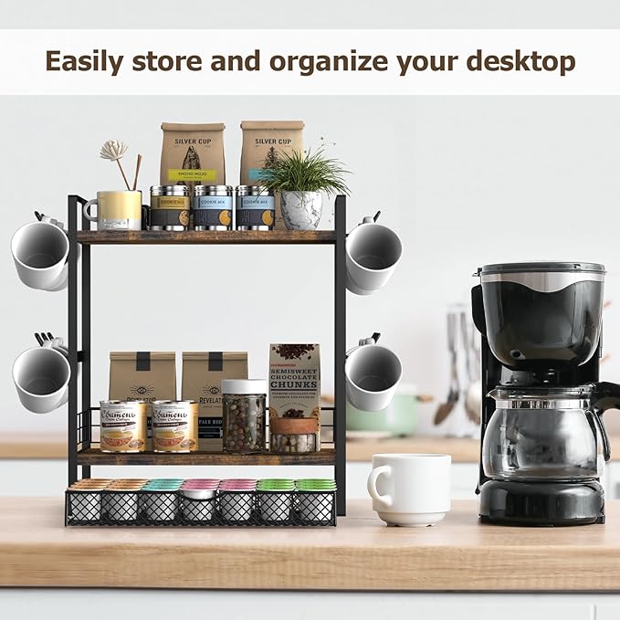 Coffee Station Organizer, 3 Tier Bar Organizer for Countertop, Mug Cup Holder Stand With 12 Hooks and 28 K Cup Storage for Kitchen, Home & Office, Rustic Brown-NeatNest