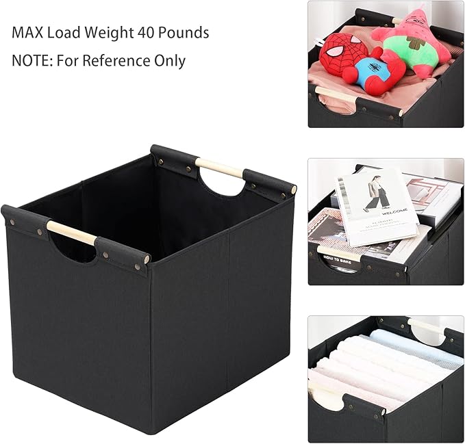 HOONEX Large Collapsible Storage Bins, Linen Fabric, Pack of 2, Storage Baskets with Wooden Carry Handles and Sturdy Heavy Cardboard, for Home, Office, Car, Nursery, Black