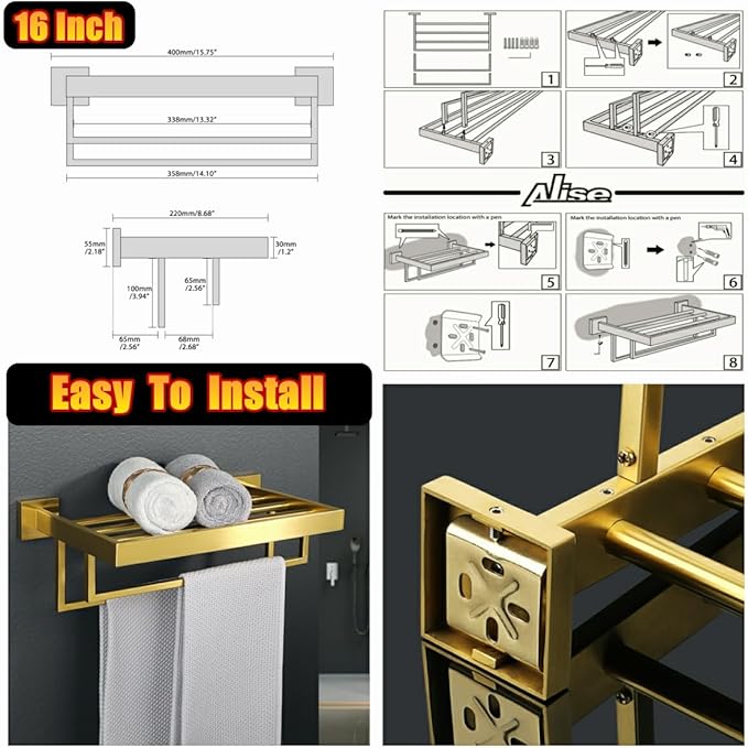 Alise 16 Inch Towel Racks for Bathroom, Towel Rack Wall Mounted with Double Towel Bars, SUS 304 Stainless Steel Towel Shelf, Heavy Duty Hand Towel Holder(Gold Finish)