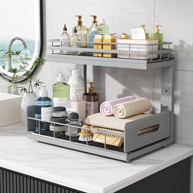 1 Pack Under Sink Organizer Upgrade to Professional Rails,2-Tier Dual Pull Out Cabinet Storage,Height Adjustable Slide Out Drawers for Bathroom Kitchen,Under Sink Shelf-Gun Gray-NeatNest
