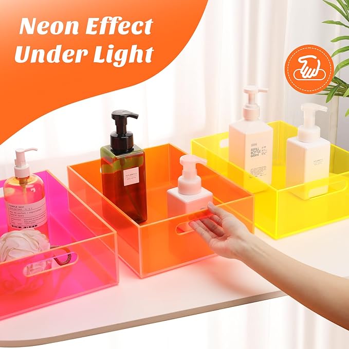 Acrylic Storage Bin Pantry Storage Container with Handles Kitchen Organizer Bin for Cabinet Cupboard Organization, Heavy Duty, 12.6 x 9.4 x 4'', Neon Orange