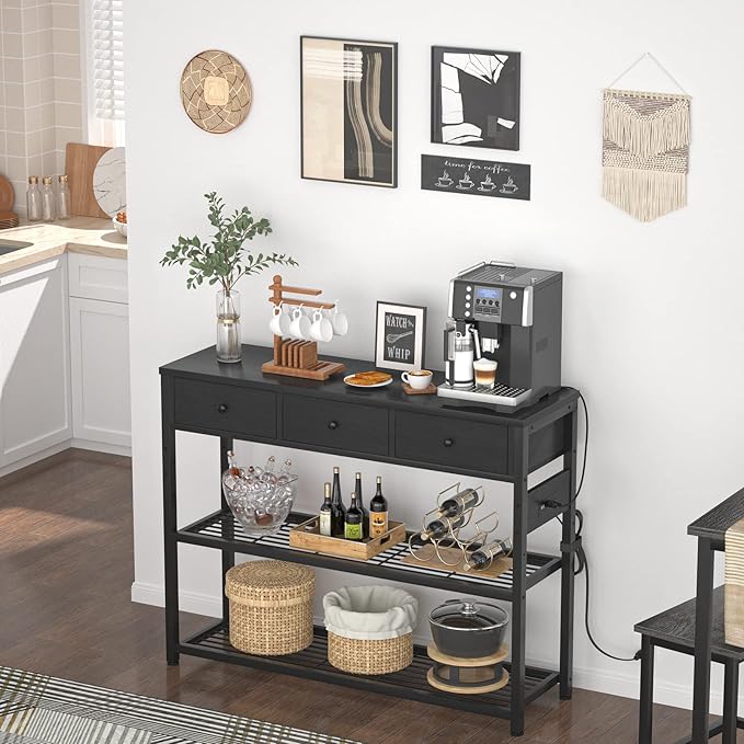 Ecopriso 47'' Entryway Table with Outlets and USB Ports, Console Table with 3 Drawers, Sofa Table Narrow Long with Storage Shelves for Living Room, Couch, Hallway, Foyer, Kitchen Counter, Black-NeatNest