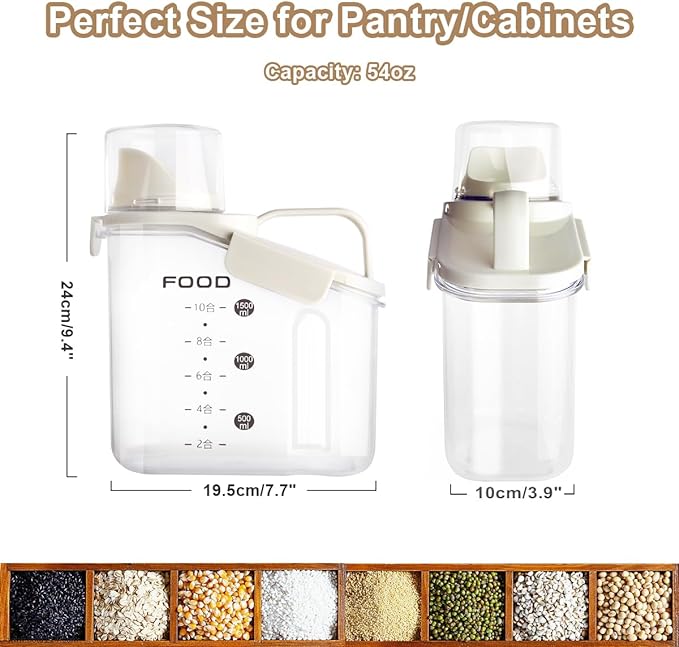 2 PCS Cereal Storage Containers, 1.5L/51oz Dry Food Rice Holder, Pet Dog Cat Food Dispenser with Measuring Cup, BPA Free Clear Plastic Kitchen Pantry Organization Bin, 1 Blue+1 White-NeatNest