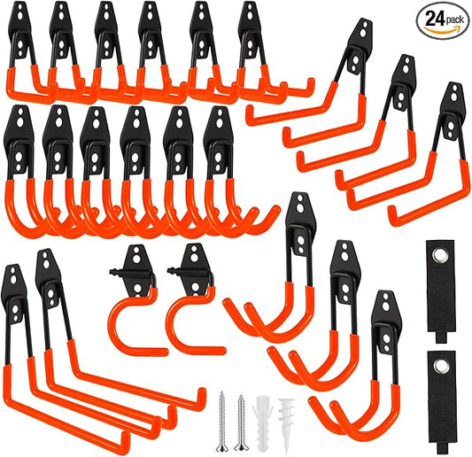 Garage Hook Heavy Duty Wall Storage Hangers, 24 Pack Garage Storage Hooks Steel Tool Orange for Ladders, Ropes, Garden Tools-NeatNest