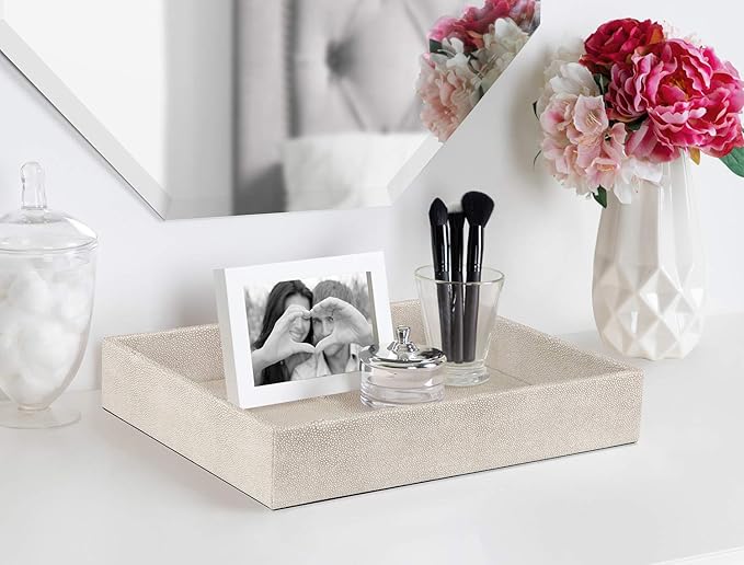 HofferRuffer Elegant Desktop Organizer, Vanity Tray, Bathroom Storage Tray Holder, Dresser Jewelry Tray, Change Coin Key Watch Catchall Tray, 10.2 x 8.4 x 1.8 inches (Light Grey Faux Leather Shagreen)-NeatNest