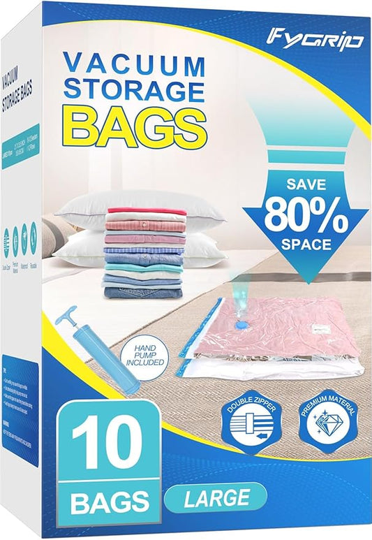 10 Pack Large Vacuum Storage Bags with Hand Pump, Plastic Packaging Bags, 80% Space Saver Vacuum Seal Bags for Clothing, Travel Lugggage, Blankets, Comforters-NeatNest