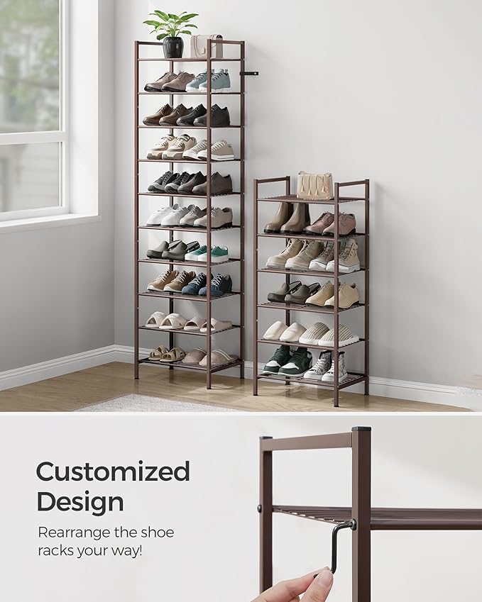 SONGMICS Narrow Shoe Rack - Sturdy 8 Tier Metal Tall Shoe Rack Shelf, Slim Shoe Storage Organizer for Closet Entryway Small Spaces, Bronze-NeatNest