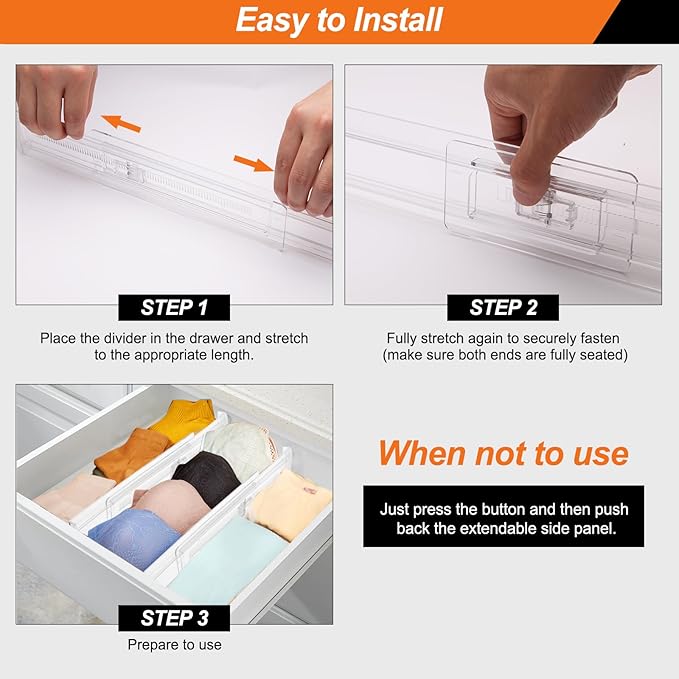 4 Pack Drawer Dividers for Clothes, 2.3" High 13"-21" Adjustable Drawer Dividers Expandable Dresser Drawer Organizer, Clear Drawer Separators for Clothes, Underwear, Cosmetic, Kitchen Utensils Storage-NeatNest