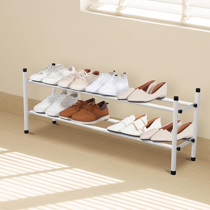 STORAGE MANIAC Expandable Shoe Rack, 8 Pairs Stackable Small Shoe Rack, Metal Adjustable Shoes Organizer for Closet, Entryway, Hallway, Garage, Front Door, Shoes Shelves, White 2 Tier-NeatNest
