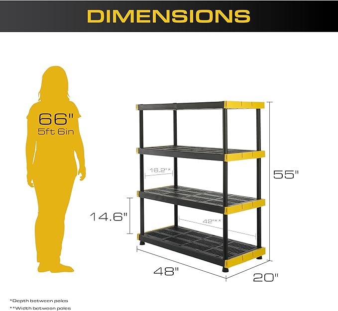 BLACK & YELLOW, 4-Tier Heavy Duty Plastic Storage Shelving Unit, 200lbs/shelf (55"H x 48"W x 20"D), for Indoor/Outdoor Organization, Modular Rack-NeatNest