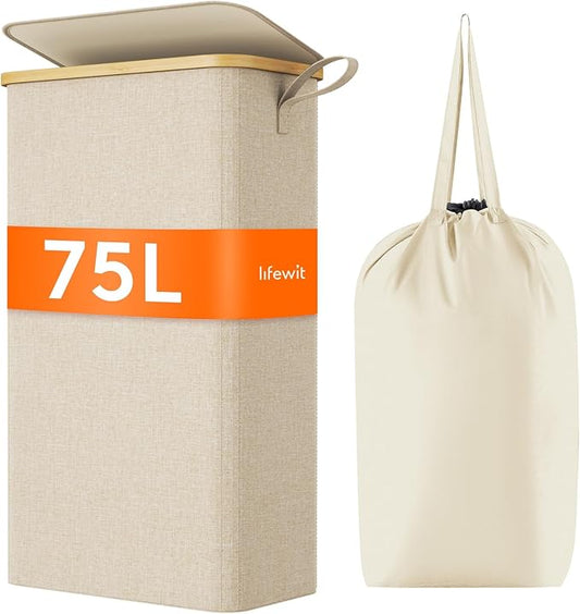 Lifewit 75L Slim Laundry Hamper with Lid, Narrow Laundry Basket with Removable Bag & Bamboo Handles, Fodable Thin Dirty Clothes Hamper for Laundry Collapsible Bin for Bathroom Bedroom Dorm, Beige-NeatNest
