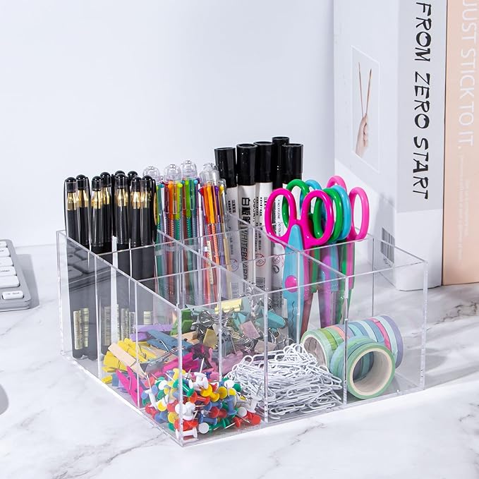dedoot Acrylic Drawer Organizer, Clear 9 Compartment 3 Section Makeup Organizer Transparent Makeup Jewelry Accessories Storage Organizer, Acrylic Plastic Square Display Cube,7.87x7.87x3.94 Inch-NeatNest