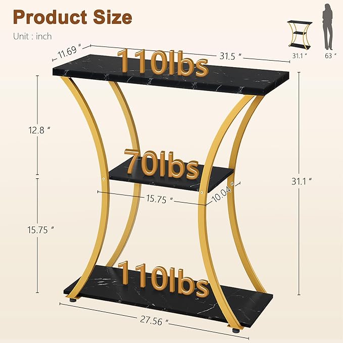 Hoctieon 3 Tier Console Table with Open Wood Shelves, Decorative Entryway Table with Curved Metal Frames, Narrow Sofa Table for Entrance, Living Room, Hallway, Gold and Black Marbled-NeatNest