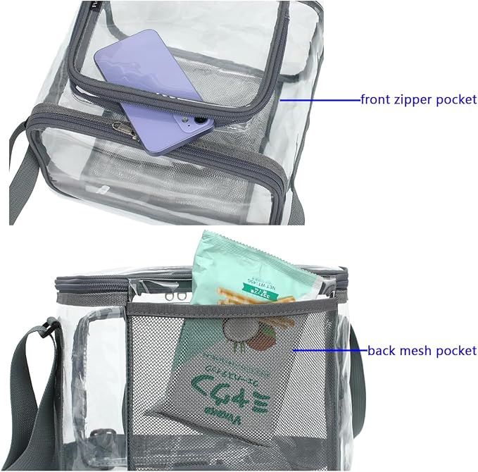 FlowFly Insulated Reusable Lunch Bag Adult Large Lunch Box for Women and Men with Adjustable Shoulder Strap,Front Zipper Pocket and Dual Large Mesh Side Pockets,Clear#Grey-NeatNest