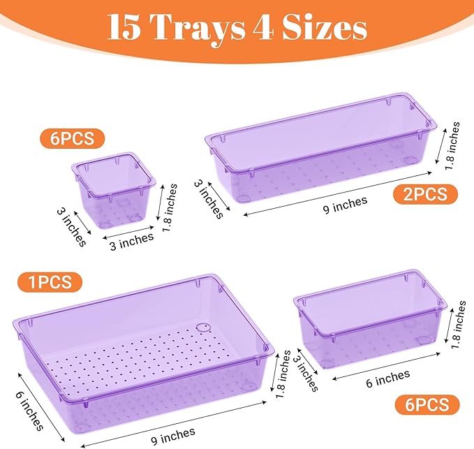 15 PCS Clear Plastic Drawer Organizer Set, 4-Size Acrylic Drawer Storage Trays, Storage Bins for Makeup, Gadgets, and Jewelry in Bathroom, Bedroom and Office, Clear Purple-NeatNest