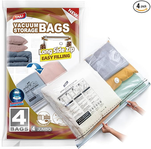 TAILI 4 Pack Vacuum Storage Bags, LONG SIDE ZIP (39x28 inch) Vacuum Seal Bags for Clothing, Jumbo Storage Space Saver for Beddings, Comforters, Blanket, Pillows and Clothes-NeatNest