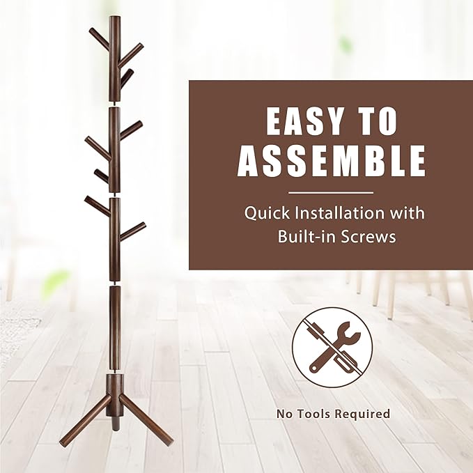Haddockway Wooden Coat Rack Stand with 8 Hooks New Zealand Pine 3 Adjustable Coat Standing Tree Easy Assembly for Coats, Hats, Scarves and Handbags for Entryway, Hallway, Bedroom, Office-NeatNest