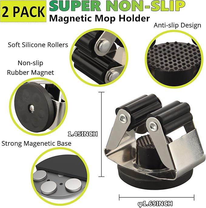 ULIBERMAGNET Magnetic Shovel Mop Broom Holder,2 Pack Heavy Duty Movable Magnetic Broom Holder Rack,Anti-slip Wall Mounted Utility Storage Mop Shovel Hanger for Garage, Kitchen, Laundry, Garden