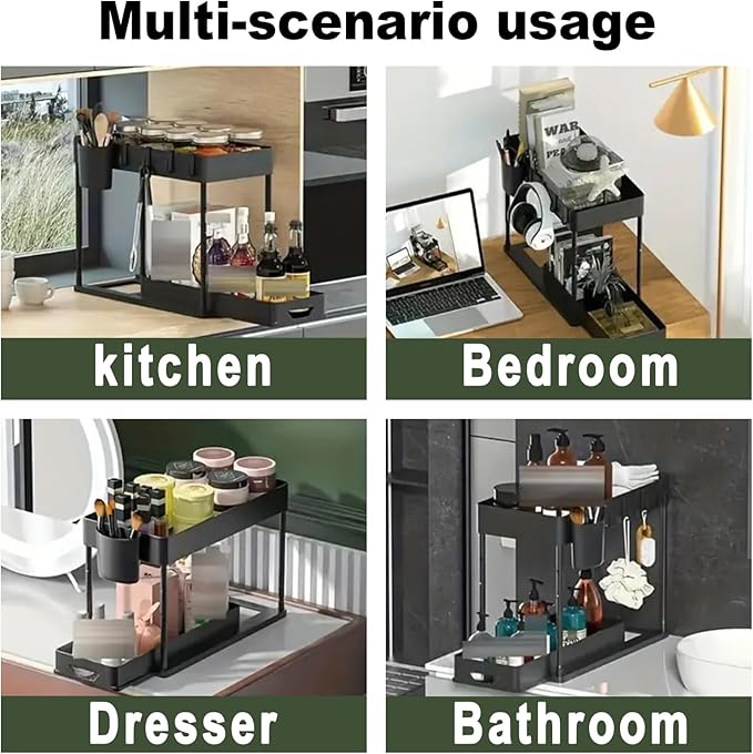 2 Layers Multi-Purpose Pull-Out Storage Organizers, Under Sink Organizers and Storage for Bathroom & Kitchen, Under Cabinet Organizers and storage, under sink drawers storage，Black-NeatNest