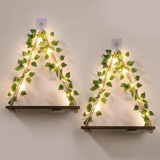 Floating Shelves for Wall No Drilling,Wall Dcorations Art,Hanging Shelf,Leaves and Light Strip with Flower,Set of 2 Plant Decor for Home House Livingroom Bedroom Officer,Boho Decor,Gifts for Woman-NeatNest