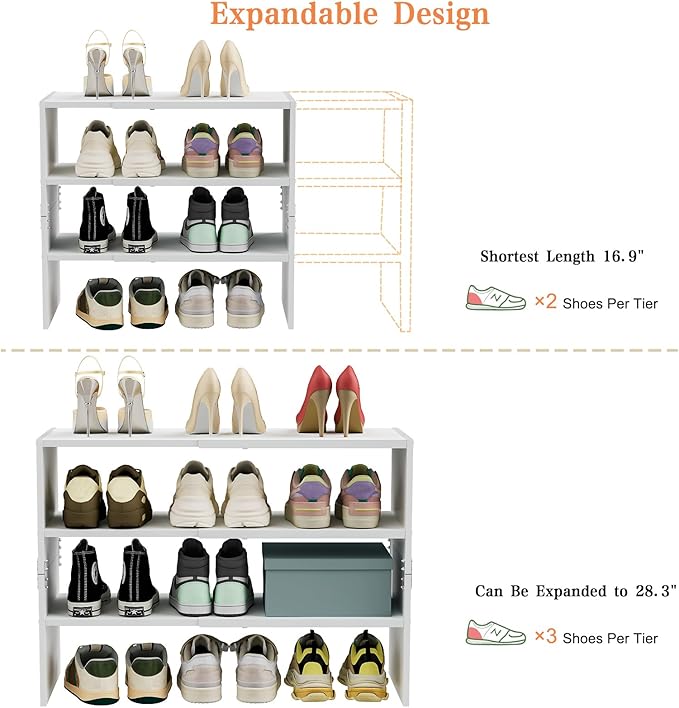 White Shoe Rack Organizer for Closet, 3-Tier Expandable Shoe Shelf, Stackable Iron Wood Combination Shoe Racks Shelves for Closets, Entryway,Small Space,Hallway,Garage,Holds 8-16 Pairs of Shoes-NeatNest