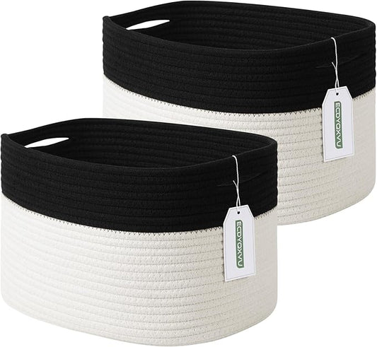 Cotton Rope Storage Basket, 15x10x9 Inches, Woven Basket for Shelves, Clothes, Toys, Towels, Books, and Laundry, Durable and Stylish, Black/ White (2 Pack)-NeatNest